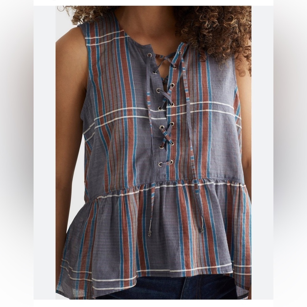 Lucky Brand women’s relaxed cotton woven cami top half front lace up plaid XS